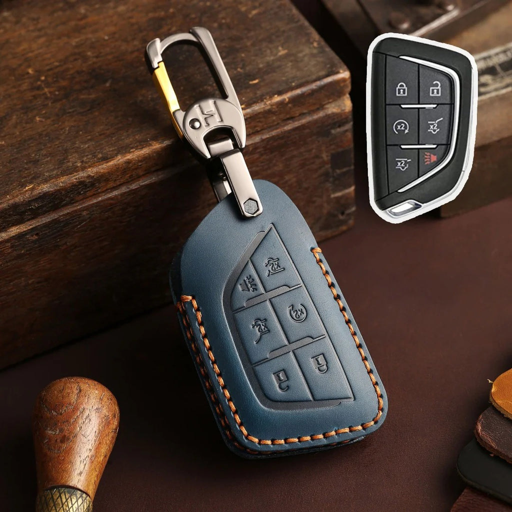 Carsine Cadillac Leather Key Cover - Premium Protector for All Models Blue / D