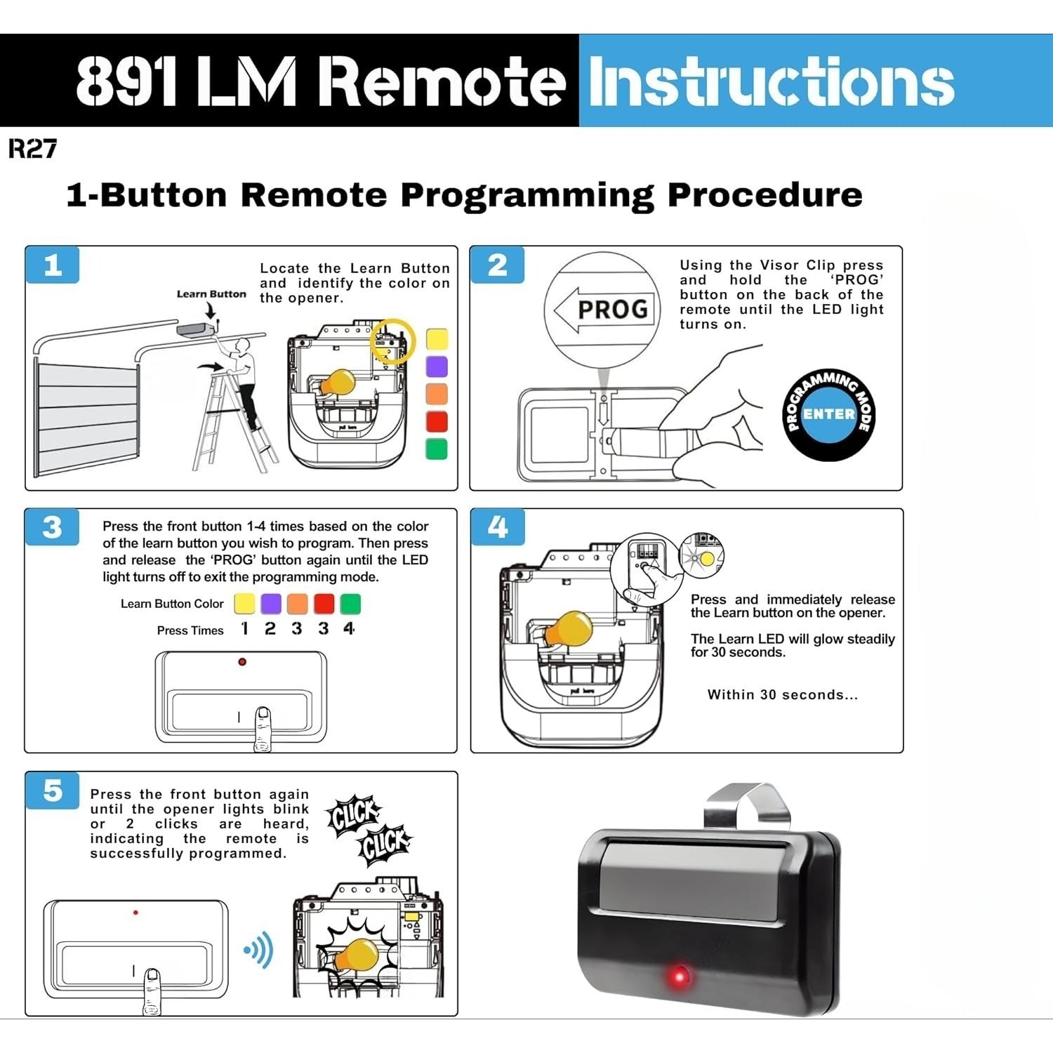 Carsine 891LM 893LM 893Max Chamberlain Craftsman Liftmaster Garage Door Opener Remote Replacement, 1993 to Present Garage Clicker, Universal Garage Door Opener Remote 1 button