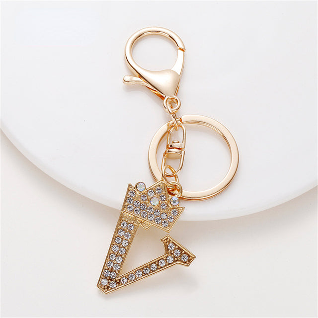 Carsine Rhinestone 26 Letters Car Keychain V