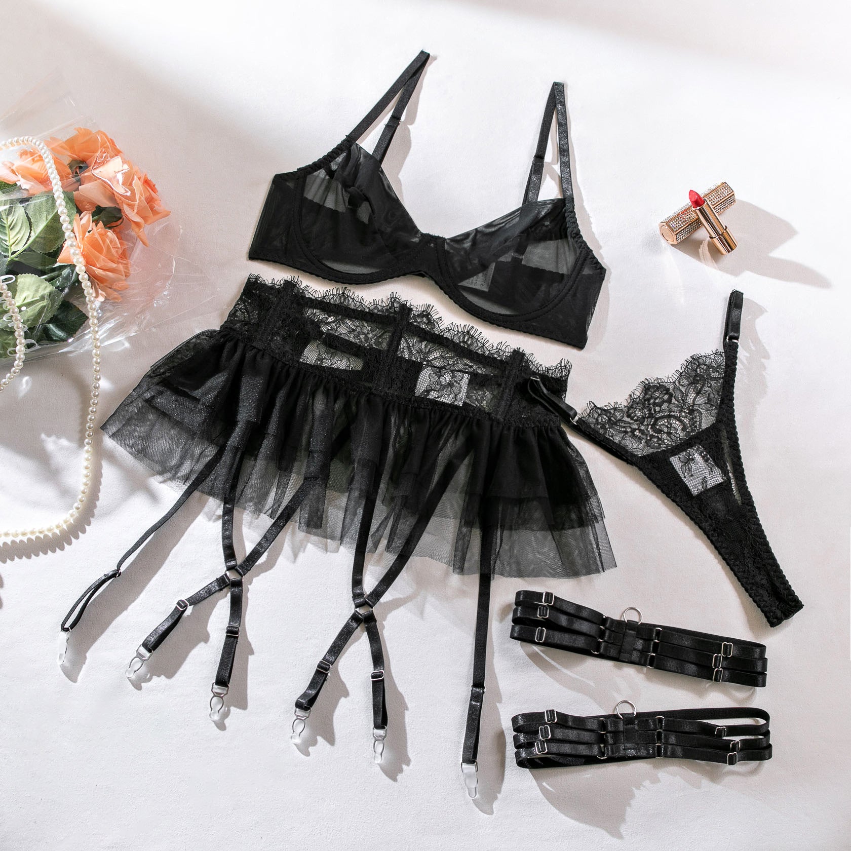See-through sexy lingerie 4-piece set with tutu skirt G string Thong