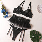 Hem embroidered bra garter three piece set G string Thong