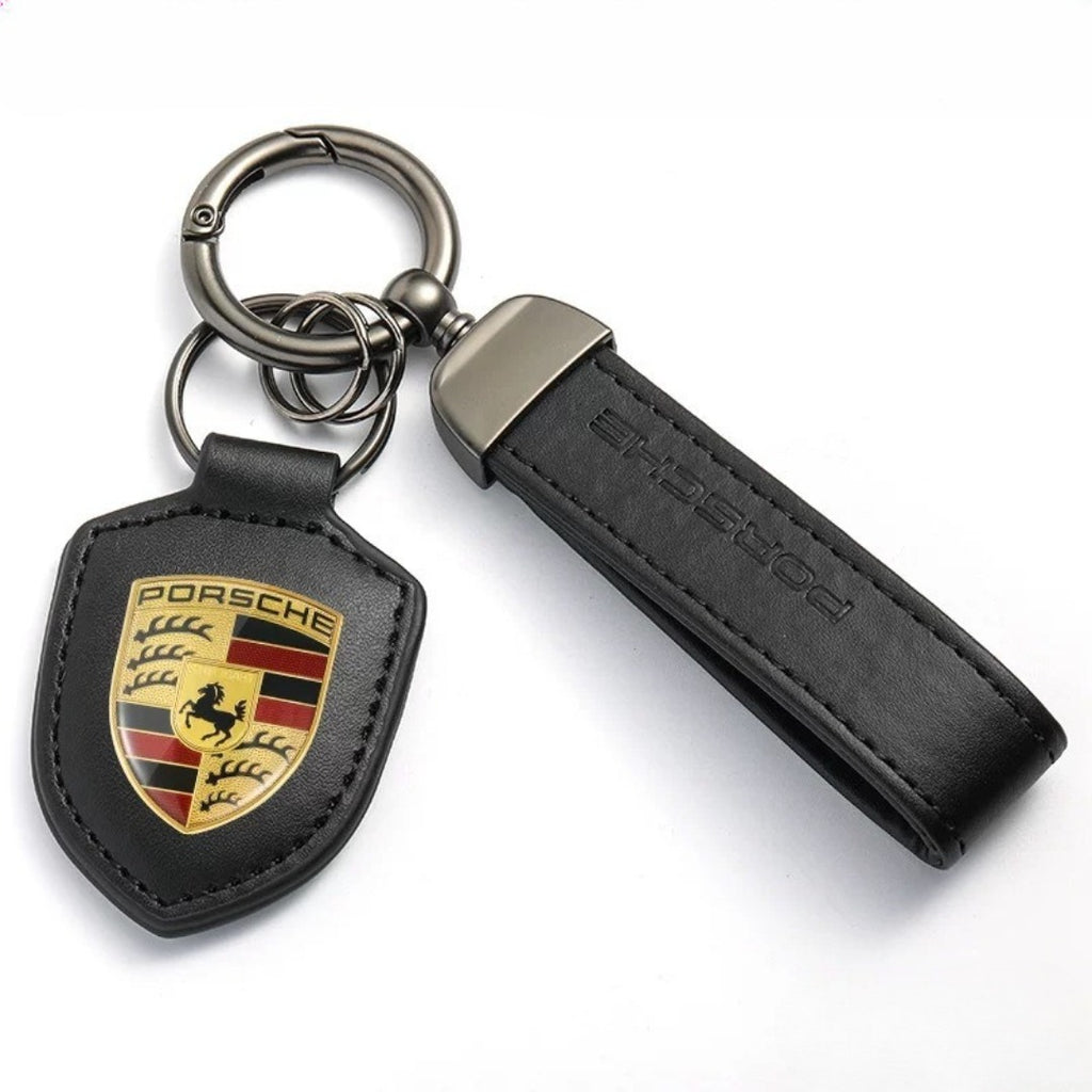 Genuine Leather Porsche Crest Keychain