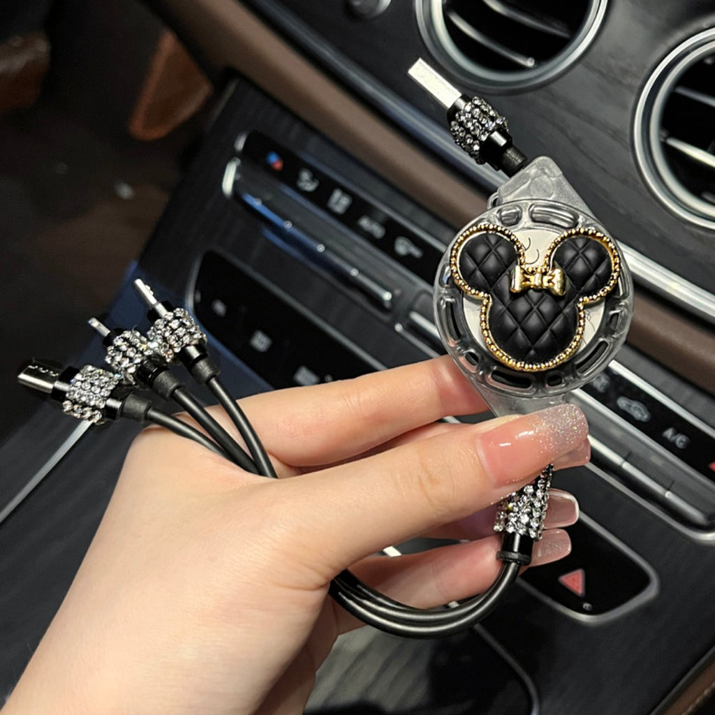 Câble de charge et de données rétractable Mickey Rhinestone pour voiture