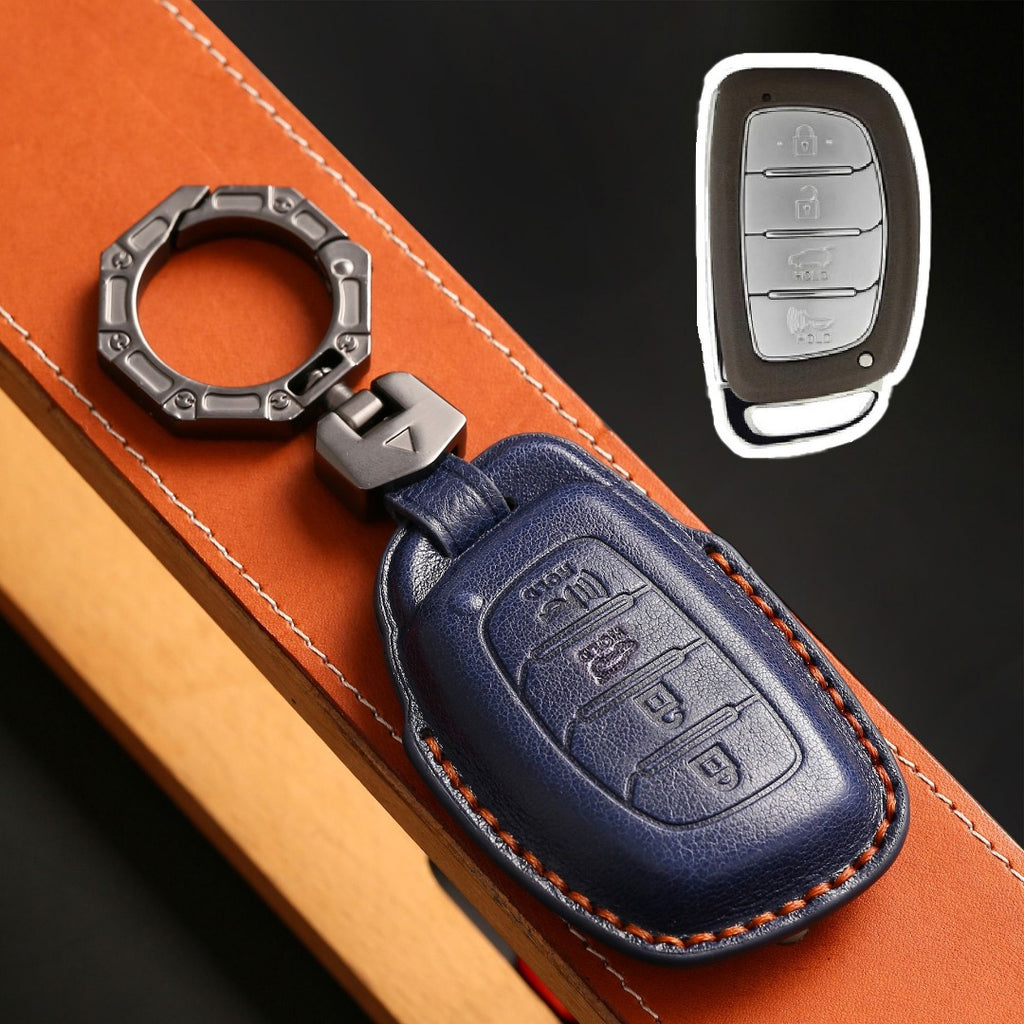 Carsine Hyundai Leather Car Key Cover 4 Button Blue / 4 Button-B