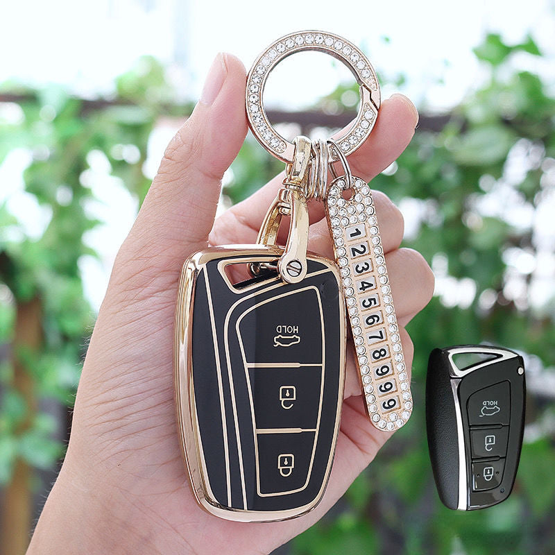 Carsine Hyundai Car Key Case Golden Edge Black / Key case + O chain