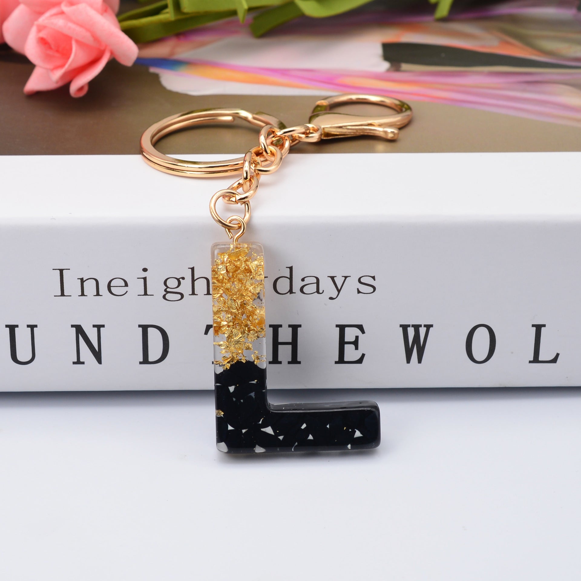 Carsine Black Pompom 26 Alphabets Keychain gold / L