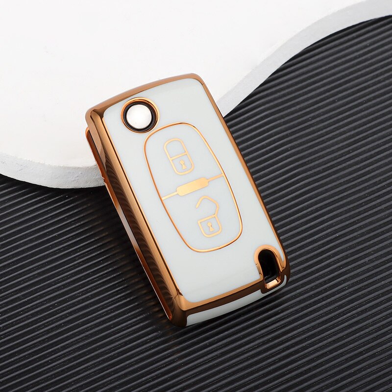 Carsine Citroen Peugeot Car Key Case Golden Edge 2 Buttons / White