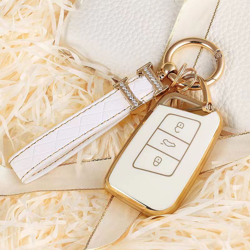 Carsine Volkswagen Car Key Case Golden Edge White / Key case + strap